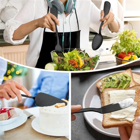 77-Piece Matte Black Silverware FlatwareSet,Plus Steak Knives & Serving Utensils - Picture 4 of 8